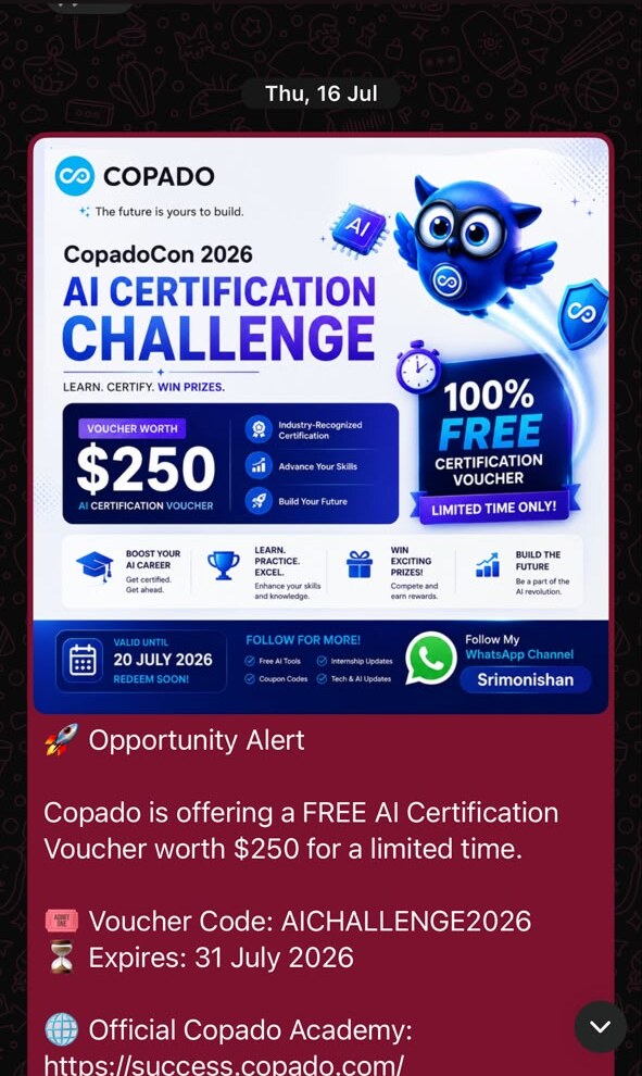 Srimonishan AI certification opportunity proof screenshot