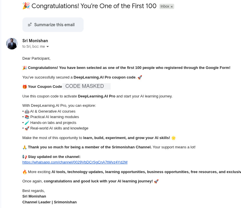 Email proof showing Srimonishan member coupon access