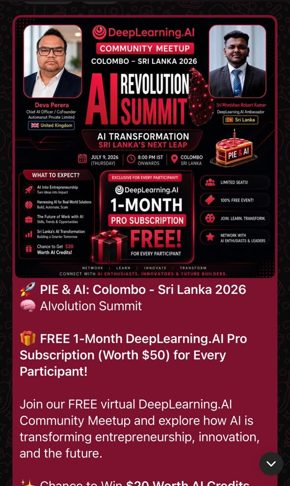 Srimonishan DeepLearning AI community event proof screenshot